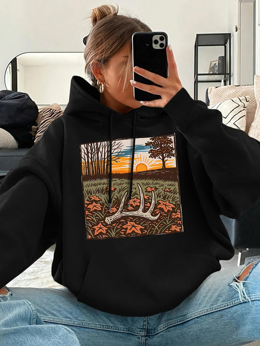 Women's Graphic Hoodie Peaceful Autumn Landscape With Setting Sun And Fallen Leaves Field