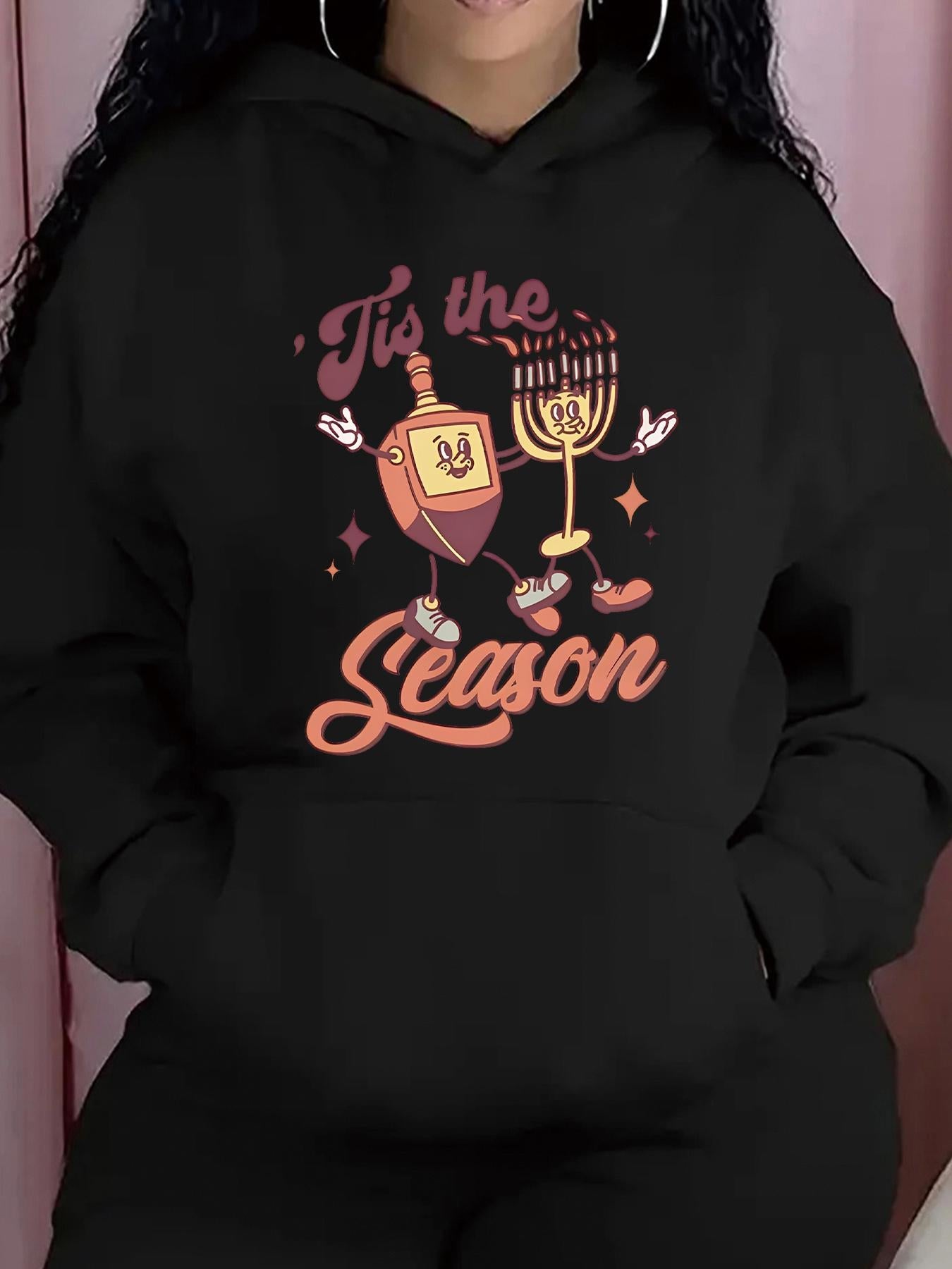 Women's Graphic Hoodie Tis The Season Spinning Dreidel With Candles Sparkling Lights Hanukkah Menorah