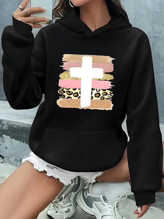 Women's Graphic Hoodie Modern Painted Pattern With Leopard Accents And A Centered Bold Cross