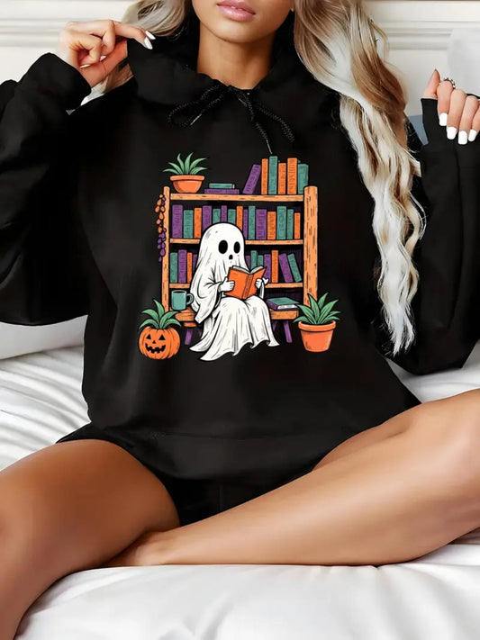 Women's Graphic Hoodie Whimsical Library With Halloween Pumpkin Cozy Ghost