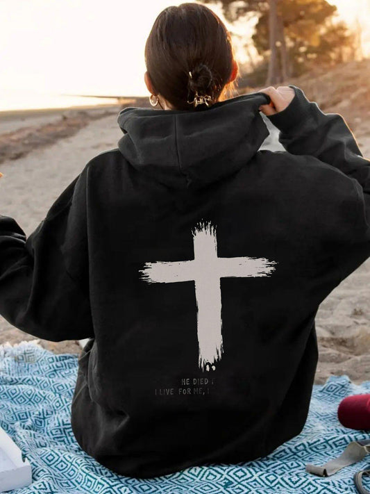 Women's Graphic Hoodie Textured Brushstroke White Cross On Plain Black Hoodie