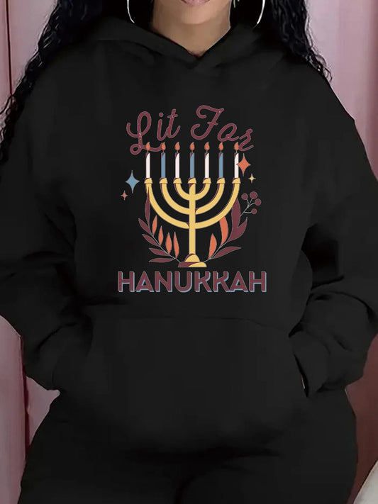Women's Graphic Hoodie Lit For Hanukkah Colorful Lights With Menorah Candle Flames Flowers