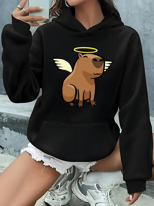 Women's Graphic Hoodie Heavenly Glow With Cute Cartoon Angelic Capybara Sitting Capybara