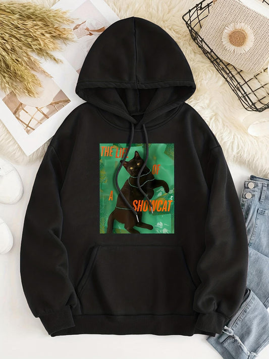 Women's Graphic Hoodie Stay Weird Mysterious Green Forest With Playful Black Cat