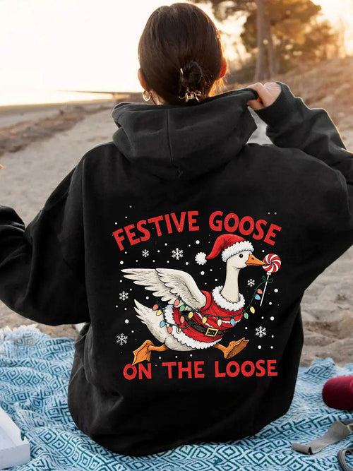 Women's Graphic Hoodie Festive Goose Wearing Santa Hat Amid Falling Snowflakes Goose