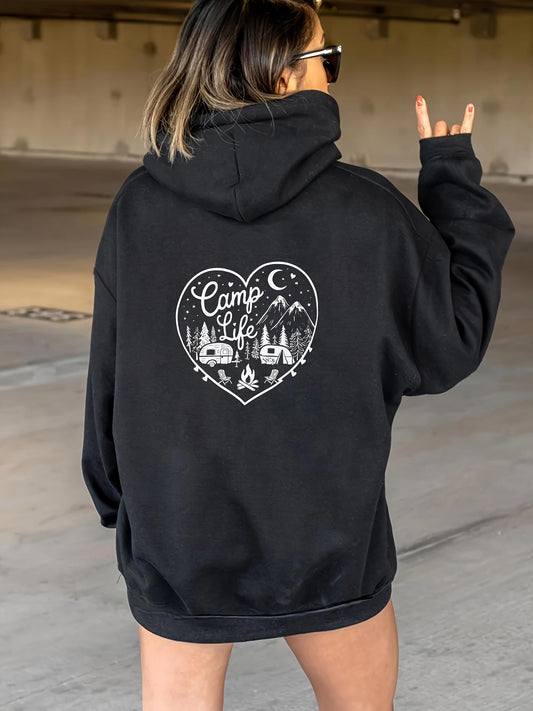 Women's Graphic Hoodie Camp Life With Stars Mountains Campers And Pine Forest Heart