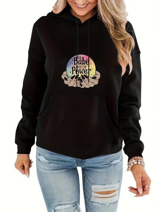 Women's Graphic Hoodie Babe Power Retro Rainbow Sun Rays Surrounded By Raised Fist Hoodie