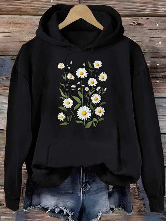 Women's Graphic Hoodie White Daisies In Vibrant Green Leaves On A Lush Black Hoodie Flower