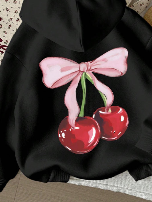 Women's Graphic Hoodie Cute Pink Bow With Shiny Red Juicy Cherries On Branch Cherry