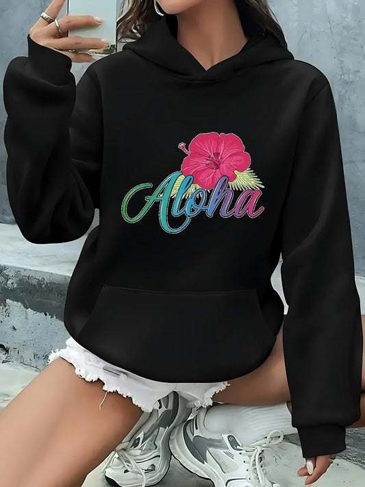 Women's Graphic Hoodie Aloha Vibrant Hibiscus Blossom With Tropical Leaf Accents Hoodie