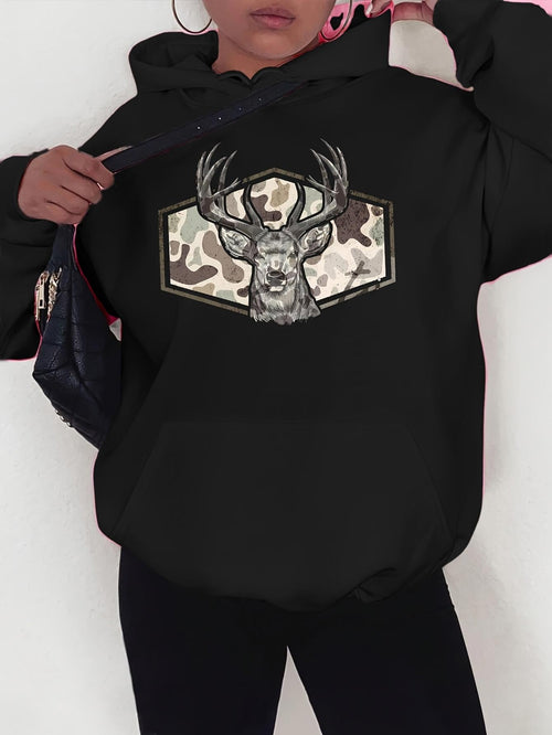 Women's Graphic Hoodie Camo Patterned Shield With Majestic Antlered Deer Face In The Center