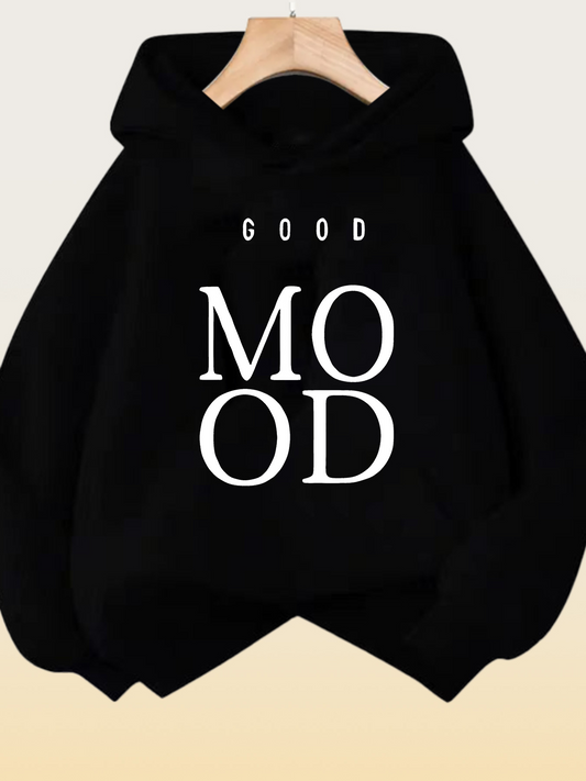 Women's Graphic Hoodie Good Mood Bold Lettering Underlined Typography Sweatshirt