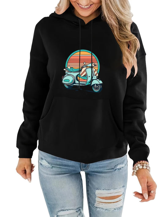 Women's Graphic Hoodie Retro Sunset With Colorful Lines Surrounding A Vintage Scooter