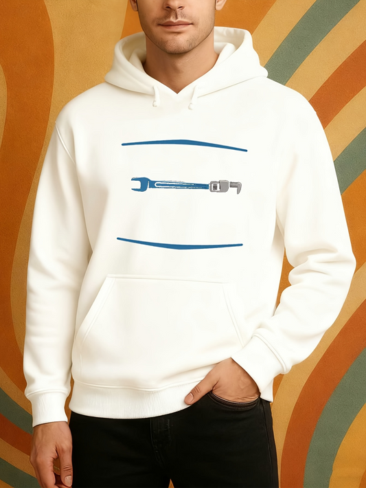 Men's Graphic Hoodie Minimalist Blue Lines With Metal Tool Surrounded By White Space Wrench