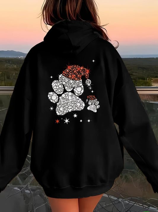 Women's Graphic Hoodie Sparkling Festive Holiday Night With Santa Hat Adorned Paw Print