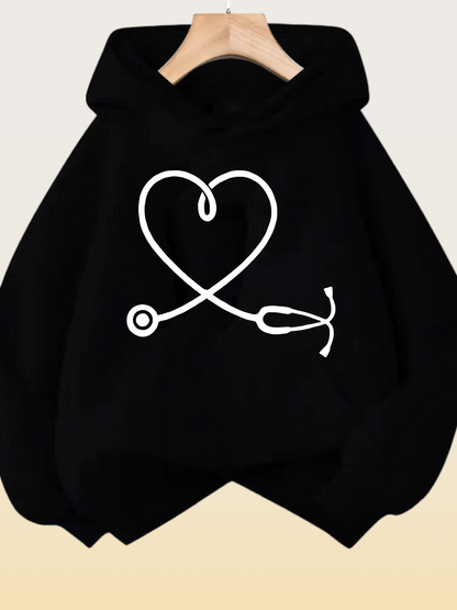 Women's Graphic Hoodie Simple White Heart Shaped Stethoscope On Black Hoodie