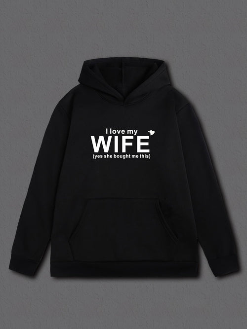 Women's Graphic Hoodie I Love My Wife Simple White Lettering On Black Hoodie Wife