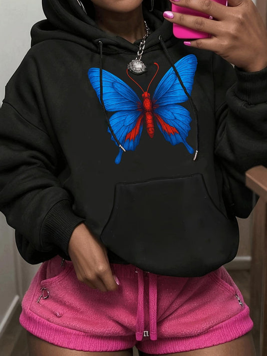 Women's Graphic Hoodie Vivid Blue And Red Butterfly With Delicate Realistic Pattern Black Hoodie Butterfly