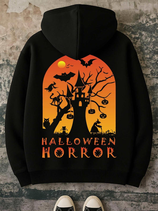 Women's Graphic Hoodie Halloween Horror Creepy Haunted Mansion With Bats And Glowing Pumpkins Tree