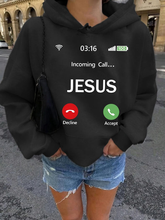 Women's Graphic Hoodie Incoming Call Jesus With Digital Icons On Simple Black Hoodie