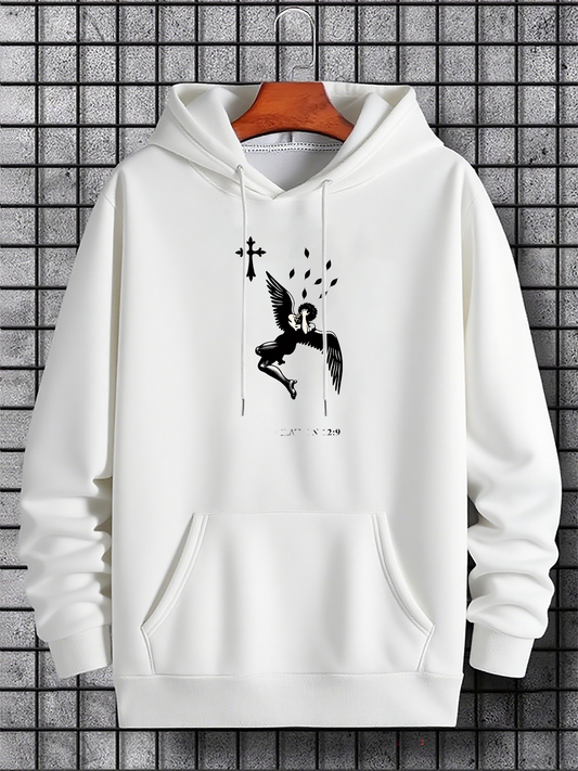 Men's Graphic Hoodie Abstract Angel Surrounded By Floating Hearts In Black Ink Hoodie