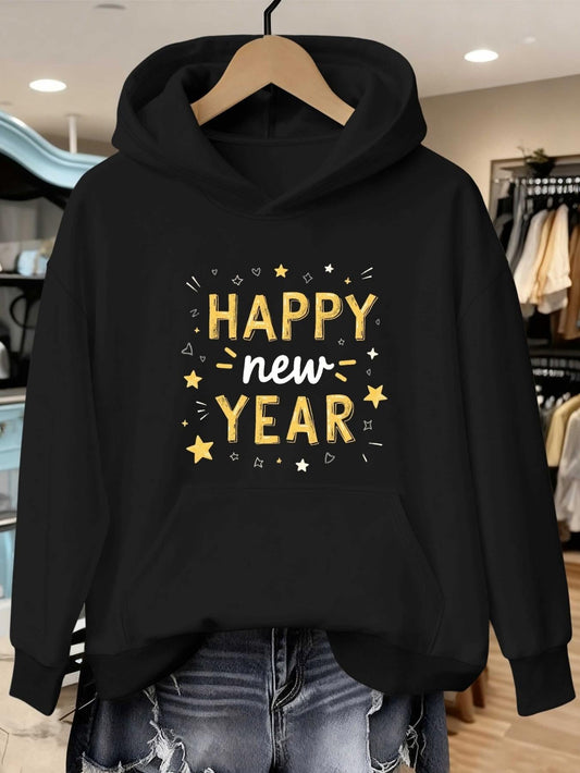 Women's Graphic Hoodie Happy New Year Golden Stars And Sparkling Confetti With Festive Lettering Hoodie
