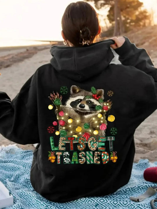 Women's Graphic Hoodie Let Us Get Toasted Playful Holiday Lights And Cute Raccoon