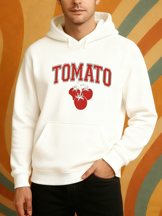 Men's Graphic Hoodie Tomato Block Letters Over Bright Red Vegetable Illustration Tomato