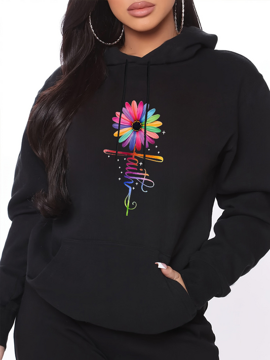 Women's Graphic Hoodie Colorful Daisy With Artistic Watercolor Streaks On Soft Black Fabric Flower