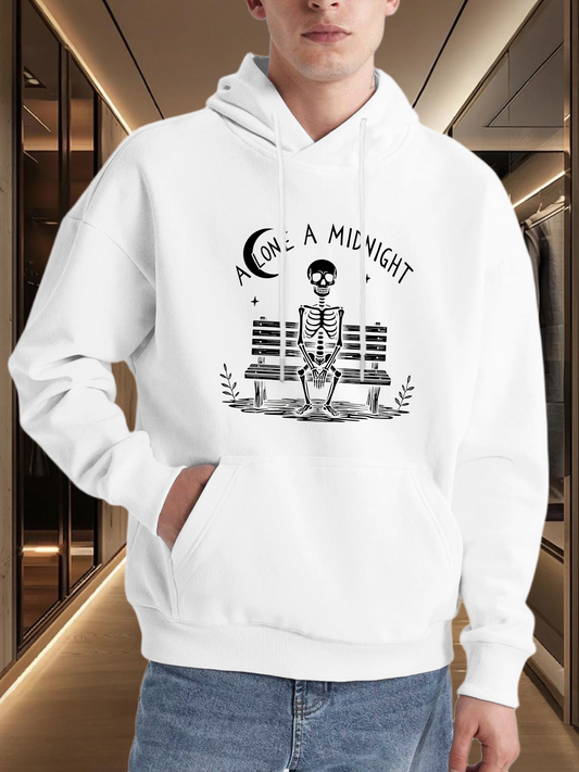 Men's Graphic Hoodie Alone At Midnight Skeleton Sitting Peacefully On City Bench
