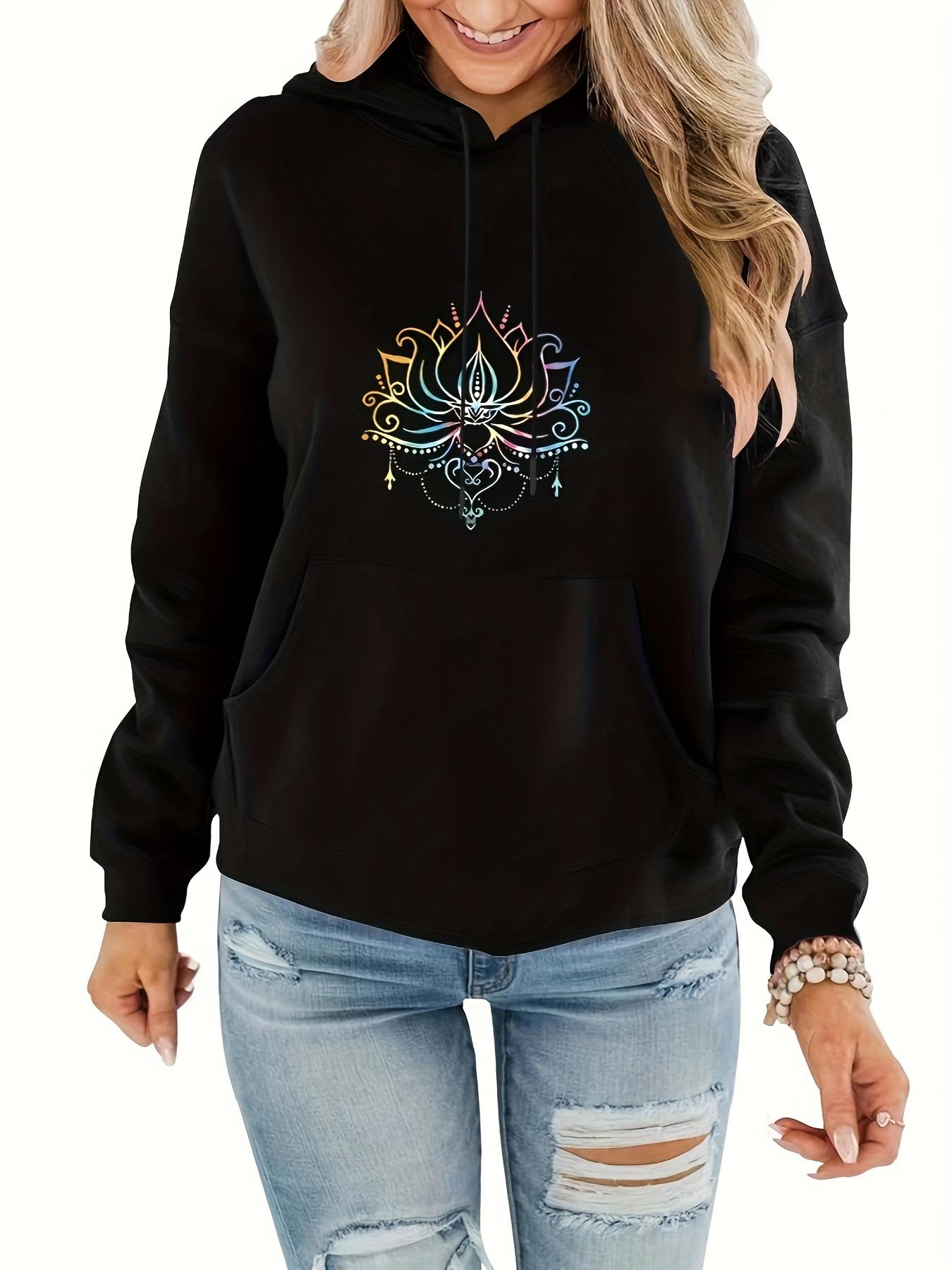 Women's Graphic Hoodie Rainbow Light Gradients Within Lotus And Twinkling Music Notes Lotus