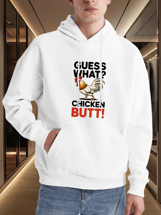 Men's Graphic Hoodie Guess What Funny Cartoon With Laughing Farmyard Chicken Butt