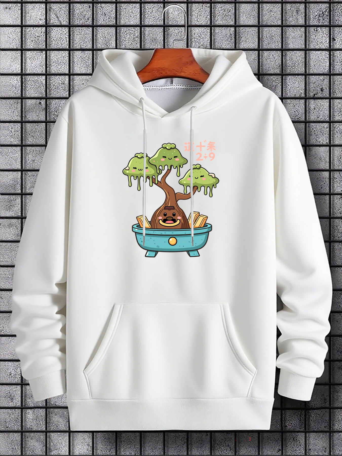 Men's Graphic Hoodie Cartoon Bonsai Tree With Playful Expressions In Blue Pot
