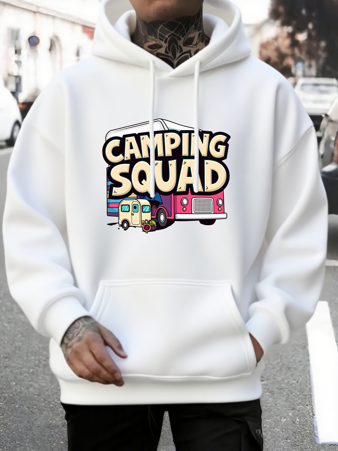 Men's Graphic Hoodie Camping Squad Playful Cartoon Style With Colorful Retro Camper Vans