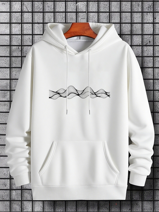 Men's Graphic Hoodie Abstract Black Wavy Lines Flowing Across Calm White Fabric Hoodie