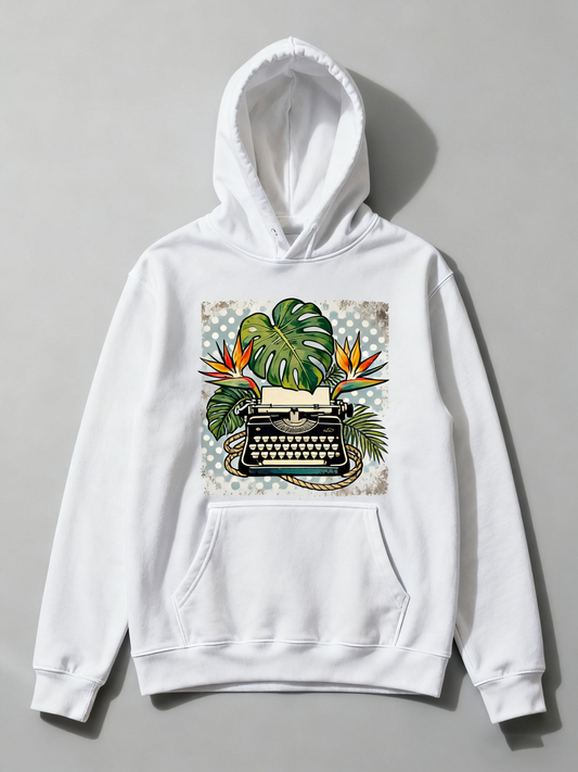 Men's Graphic Hoodie Tropical Foliage With Vintage Typewriter Among Blooming Flowers