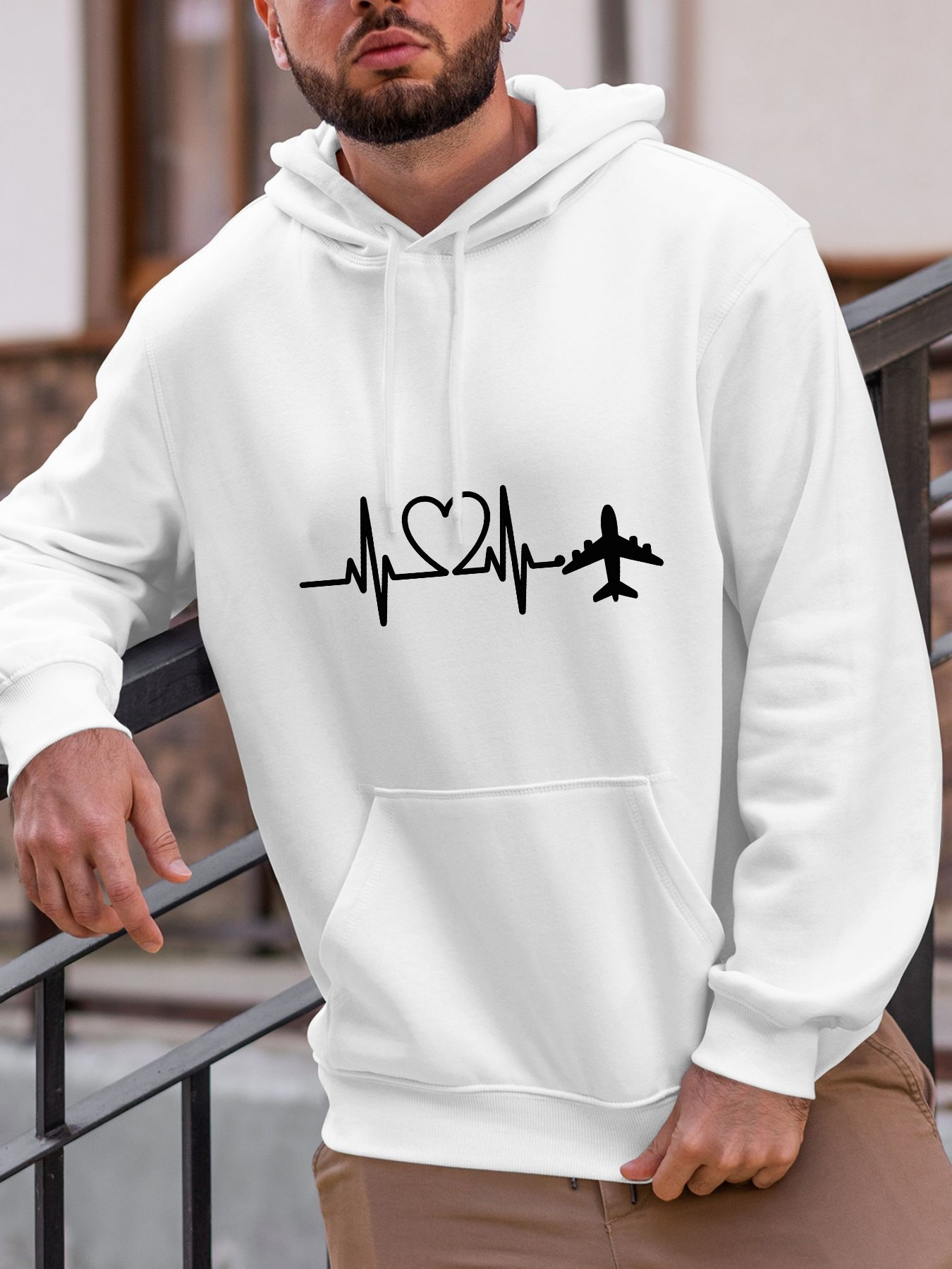 Men's Graphic Hoodie Heartbeat With Heart Jet And Flying Airplane