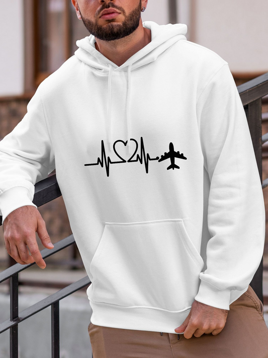 Men's Graphic Hoodie Heartbeat With Heart Jet And Flying Airplane