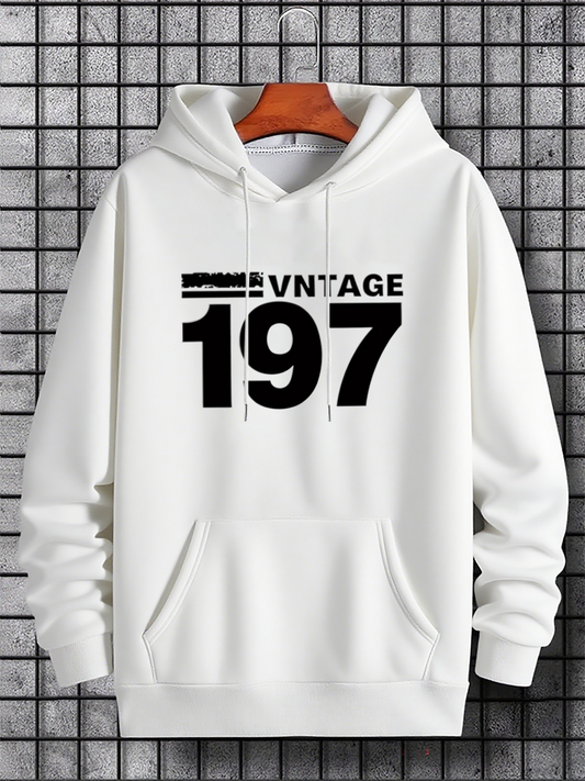 Men's Graphic Hoodie Vintage Lettering Across Bold Numbers With Classic White Hoodie