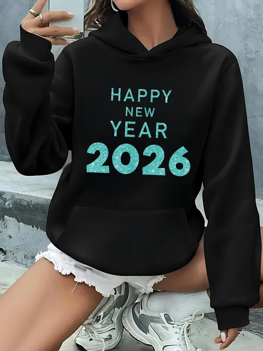 Women's Graphic Hoodie Happy New Year Glitter Lettering On Black Hoodie 2026