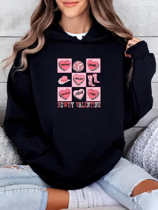 Women's Graphic Hoodie Howdy Valentine Pink Hearts Boots And Loving Lips On Hoodie