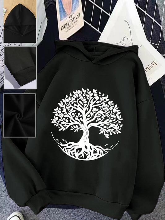 Women's Graphic Hoodie Spreading Roots And Lush Branches Under Circular Silhouette Tree