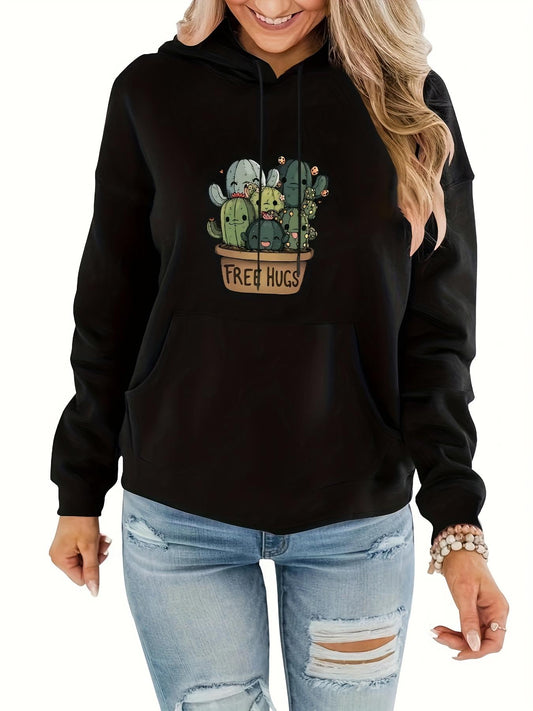 Women's Graphic Hoodie Free Hugs Cute Green Cactus Sitting In Small Clay Pot