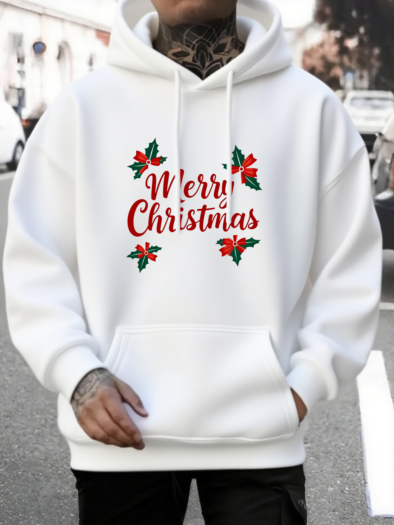 Men's Graphic Hoodie Merry Christmas With Holly Leaves And Festive Red Green Accents Hoodie