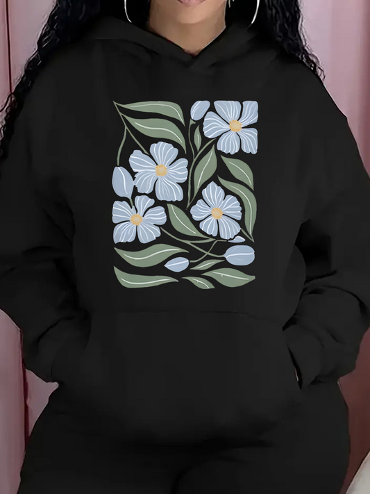Women's Graphic Hoodie Pastel Green Leaves With Delicate Blue White Blossoms Flower