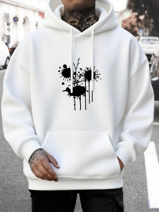 Men's Graphic Hoodie Abstract Ink Splatter Art With Dripping Marks And Black Bird