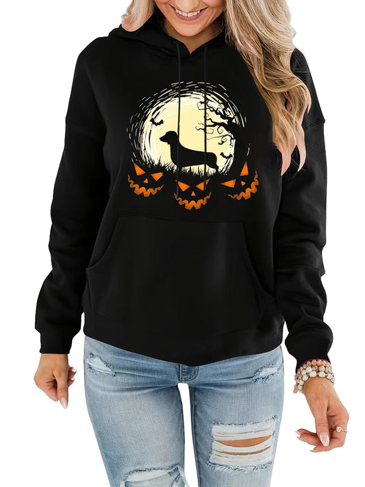 Women's Graphic Hoodie Full Moon With Spooky Pumpkins And Silhouette Dog Under Branches