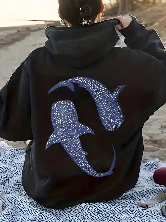 Women's Graphic Hoodie Artistic Blue Waves With Ocean Shark Pattern Shark