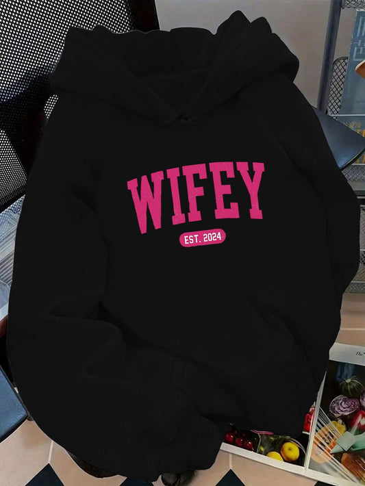 Women's Graphic Hoodie Wifey Est 2021 Bold Pink Letters On Soft Cotton Hoodie