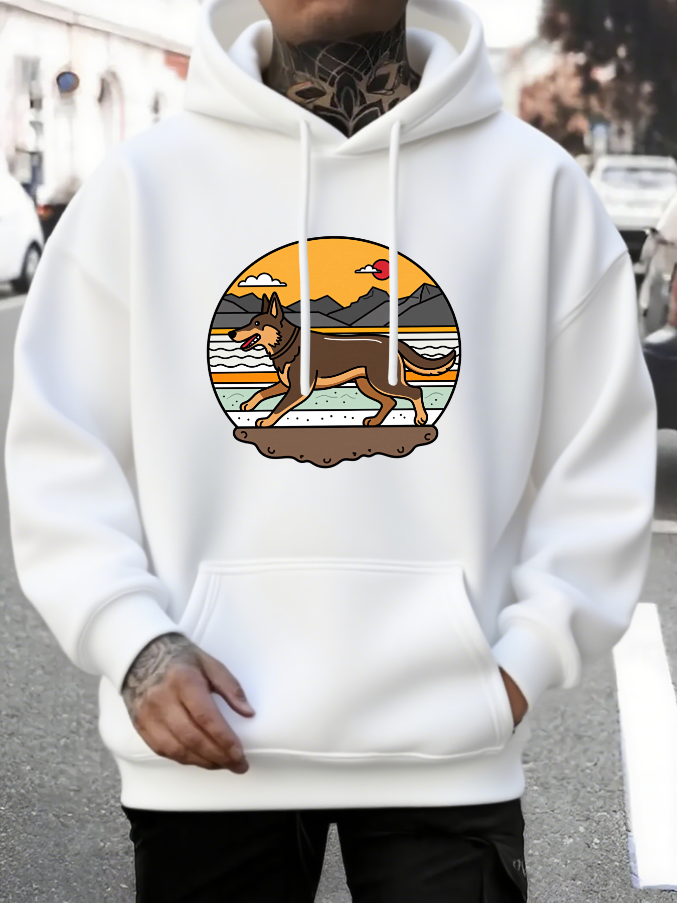 Men's Graphic Hoodie Golden Sunset Landscape With Mountains Waves Clouds And Running Dog